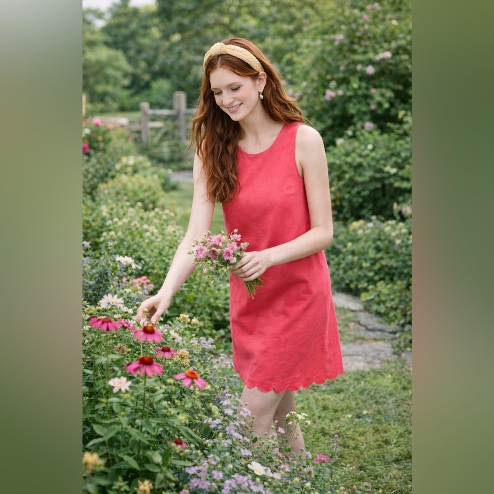 J.Crew Size 4 Linen Cotton Scallop Hem Shift Dress Geranium Red Sleeveless NWT - Picture 2 of 16